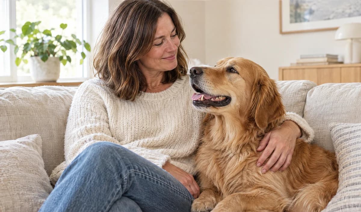 En kvinna och en avslappnad golden retriever delar en stund i soffan